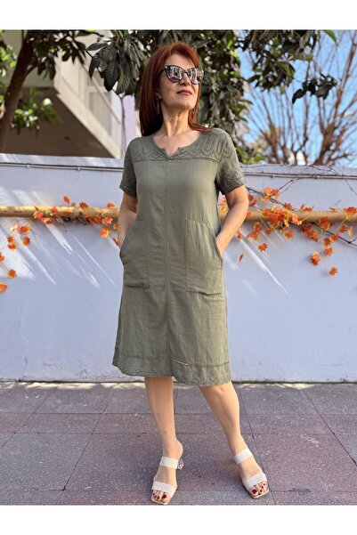 DenizEge Φόρεμα Didim από βαμβάκι με επένδυση, χακί