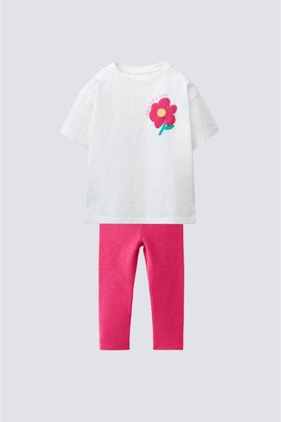JuraKids Girl's Floral Patterned Bottom Long Top Short Summer Set Stylish Comfortable Combination
