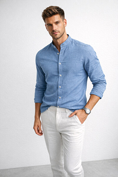 Polo State Men's Indigo Hakim Collar Linen Shirt