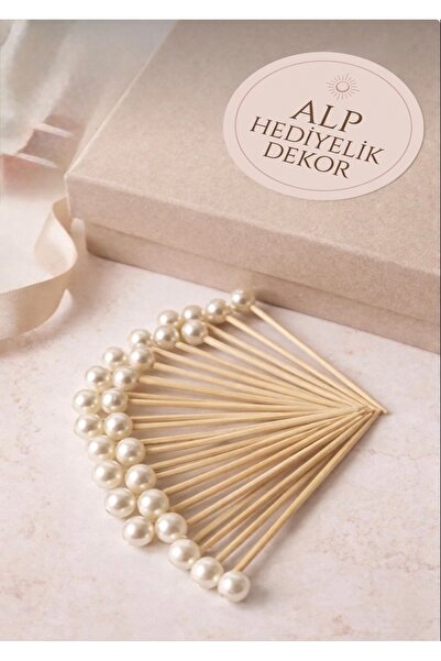 İZMİR HEDİYELİK 100 Adet Dekoratif Incili Pasta Kürdanı 6 Cm - 8 Mm İnci Nişa...