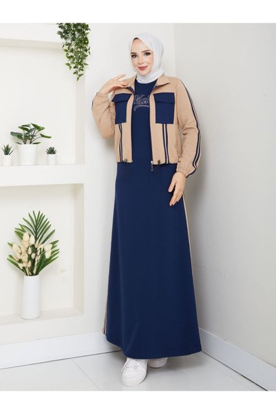 moda4b Women's 2-Piece Set Long Dress and Pocketed Jacket Two Yarns Cotton Stylish Sporty N-05479 _ Navy Blue