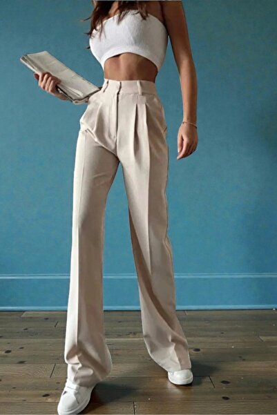 Livik Cream Comfortable Loose-Fit Pleated Wide-Leg Fabric Trousers