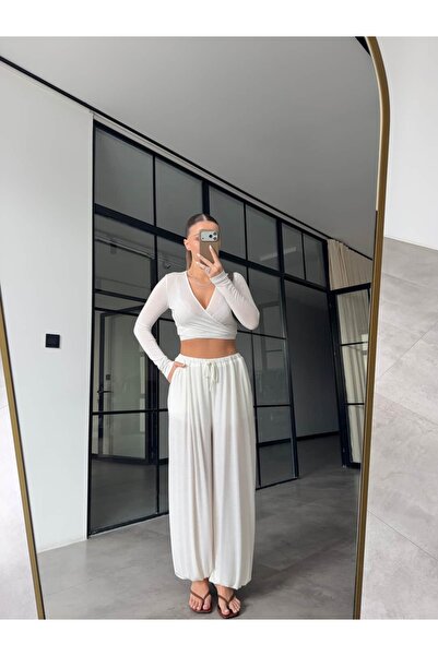 BB Bensu Buyruk Tie-Up Crop Blouse Shalwar Pants Set Ecru