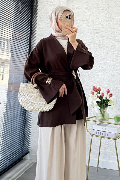 MELEK ARAZ Bronş Belted Double Breasted Collar Modal Kimono - Brown
