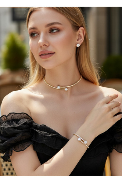 BİJU YILMAZ Vip Gold Taşlı Kolye Bileklik Küpe Set - 26set10