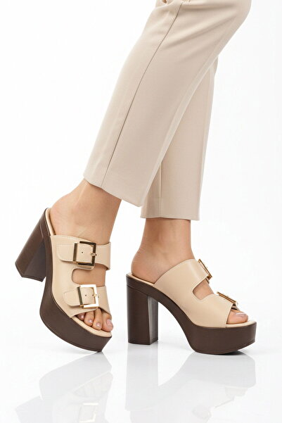 Aspor Beige Double Strapped Women's Heels Slipper