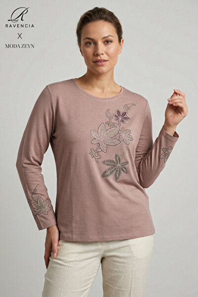 Ravencia Women's Colorful Floral Leaf Patterned Collar and Skirt Stoned Embro...