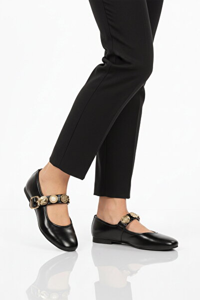 Aspor Black Crinkled Strappy Women's Ballerinas