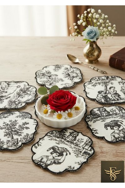 FORSACE Modern Toile De Jouy Patterned Decorative 6-Piece Coffee Side Serving Coasters