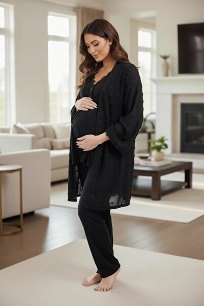 LOHOUSE Kadın Siyah Dantelli Ponpon Desenli Lohusa Sabahlıklı Hamile Pijama T...