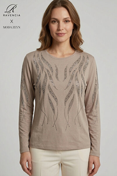 Ravencia Women's Beige Spiral Stick Patterned Collar and Sleeves Embroidered ...