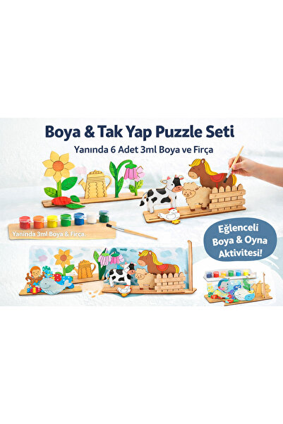 kids town 3’lü Ahşap Boya & Tak Puzzle Seti – Çocuklar İçin Eğitici Boyama Oy...