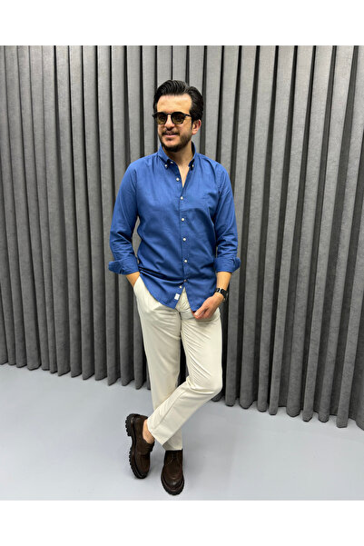 Avni Ceylan Men's Indigo Blue Modern Shirt with Embroidery Detail