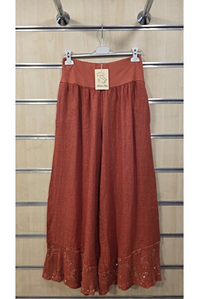 Park Moda Λινό παντελόνι με δαντέλα και λεπτομέρειες από πούλιες