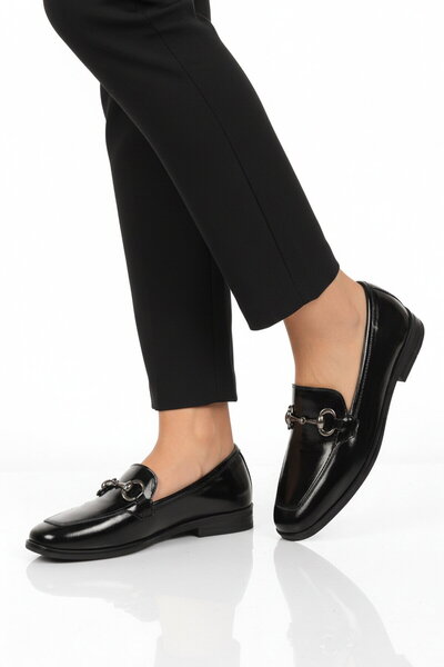 Aspor Black Patent Leather Genuine Leather Women's Casual Shoes
