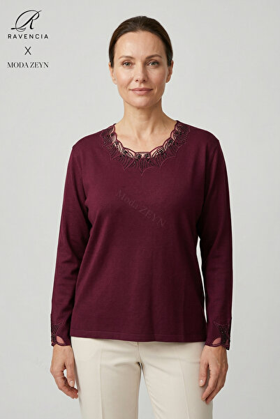 Ravencia Women's Lace Collar and Sleeves Embroidered Stone Detailed Lycra Mot...