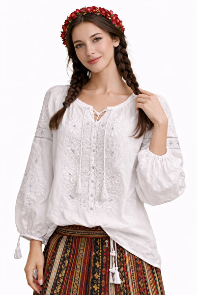 Nobrand Παραδοσιακή Λευκή Μπλούζα, Κομψό Κέντημα σε Απόχρωση-σε-Απόχρωση, Πολ...