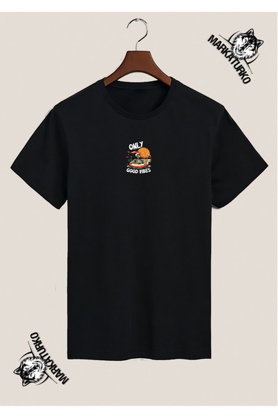 MarkaTurko Special Design Mini Printed Black T-Shirt with Summer Theme