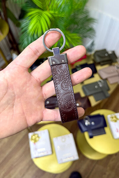 CüzCan Kahverengi Motifli Hakiki Deri Premium Anahtarlık Kişiye Özel İsim Bas...