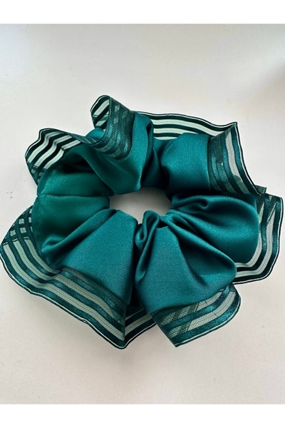 ALS Tasarım Dünyası Green Color Tulle Detailed Scrunchie with Edges, Large Si...