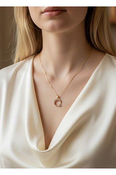 BİJU YILMAZ Steel Gold Moon Star Stone Crispy Necklace - 26Ctr01