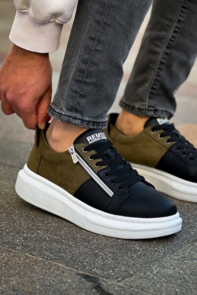 pabucmarketi Lace-Up Zippered Men's Sports Shoes Black Khaki Suede