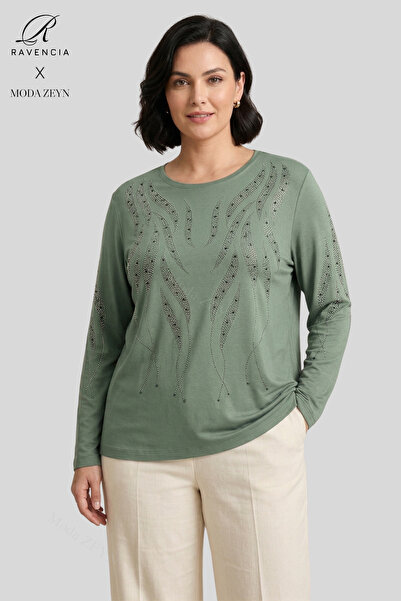 Ravencia Γυναικεία μπλούζα από χτενισμένο βαμβάκι με μοτίβο σπιράλ, κεντημένο...