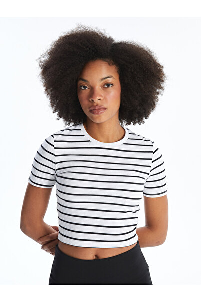LC Waikiki Crop top de damă cu guler rotund, cu dungi și mânecă scurtă