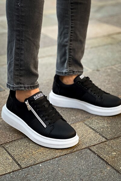 pabucmarketi Lace-Up Zippered Men's Sports Shoes Black Black Suede