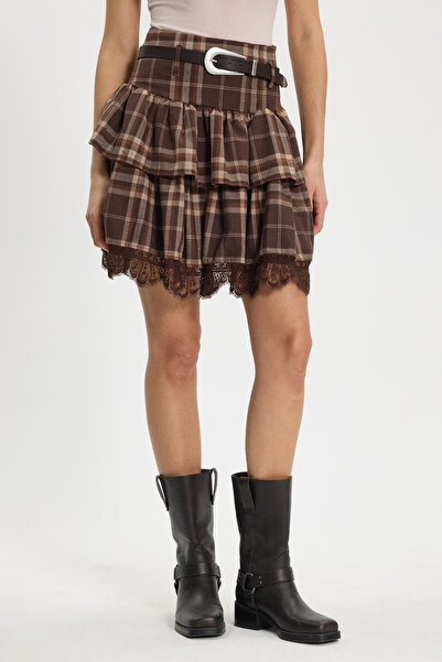 Tudors Γυναικεία φούστα Relax Fit με ψηλή μέση, δαντέλα και λεπτομέρεια καρό ...