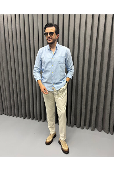 Avni Ceylan Men's Linen Textured Slim Fit Long Sleeve Shirt with Embroidery D...