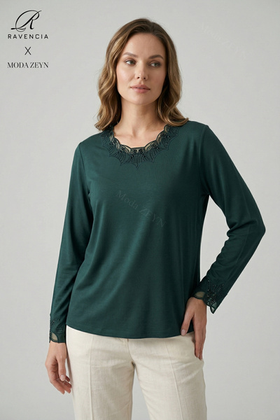 Ravencia Γυναικεία μπλούζα από χτενισμένο βαμβάκι με δαντελωτό γιακά και κέντ...