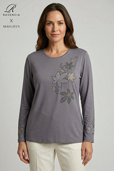 Ravencia Women's Colorful Floral Leaf Patterned Collar and Skirt Stoned Embro...