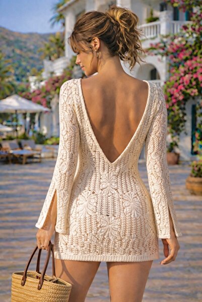 NİLZA Γυναικείο Ισπανικό Διάτρητο Μίνι Πλεκτό Φόρεμα Παραλίας Βανίλια Παρεό