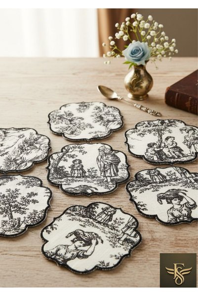 FORSACE Modern Toile De Jouy Patterned Decorative 6-Piece Coffee Side Serving Coasters