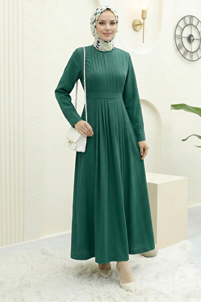 FERHEL Hijab Pleated and Belted Dress - Emerald