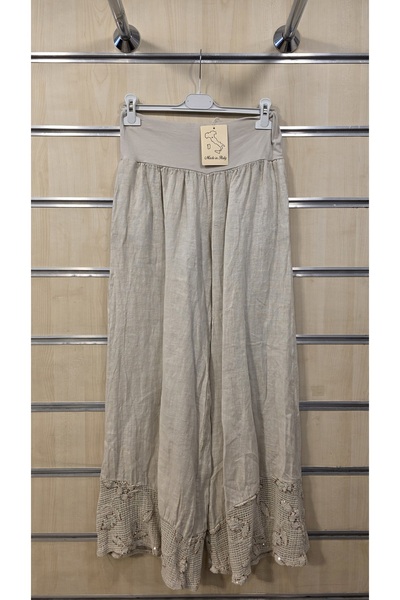 Park Moda Λινό παντελόνι με δαντέλα και λεπτομέρειες από πούλιες