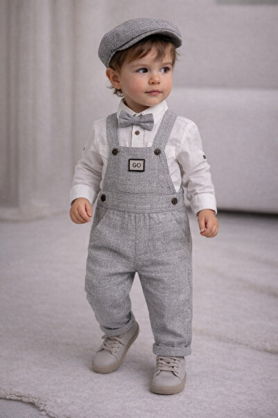 Bebelul Κομψό γκρι βρεφικό σετ με ολόσωμο φορμάκι, πουκάμισο, παπιγιόν και κα...