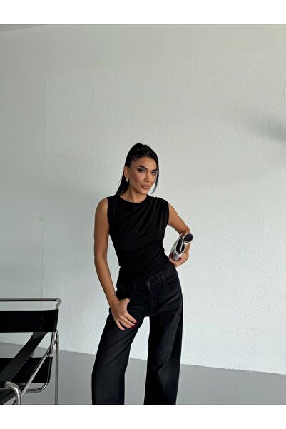 RAMİOR COLLECTION Γυναικεία μπλούζα με ντραπέ, αμάνικο, κομψό τοπ