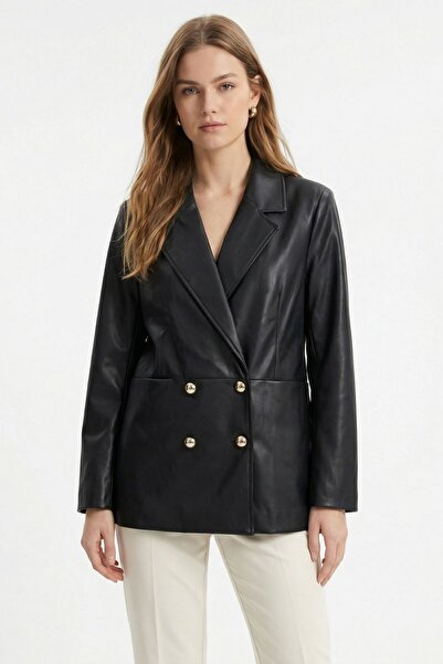 Rays Μαύρο δερμάτινο μπουφάν με λεοπάρ διακόσμηση και τσέπες 1929