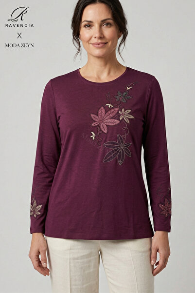 Ravencia Women's Colorful Floral Leaf Patterned Collar and Skirt Stoned Embro...