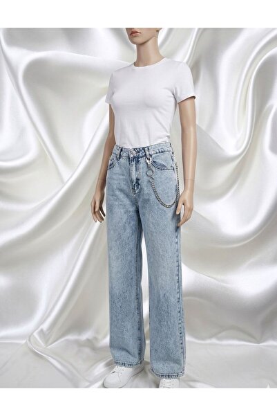 yarennn kız çocuk yüksek bel zincir detaylı wide leg jean pantolon