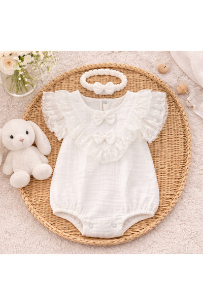 Bebelul Λευκό βρεφικό κορμάκι από μουσλίνα με δαντέλα και φιόγκους Kardesler