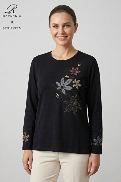 Ravencia Women's Colorful Floral Leaf Patterned Collar and Skirt Stoned Embro...