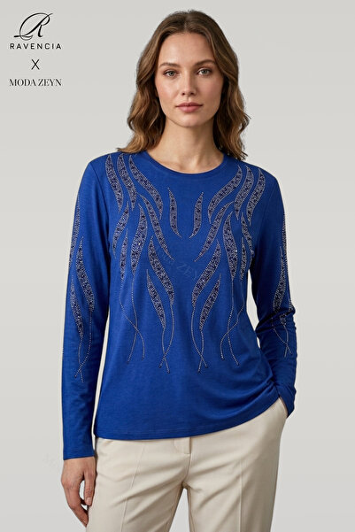 Ravencia Women's Indigo Spiral Stick Patterned Collar and Sleeves Embroidered...