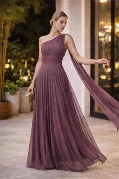 Neşeli Butik Γυναικείο βραδινό φόρεμα από τούλι με λεπτομέρεια πιέτας στον έν...