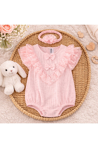 Bebelul Ροζ βρεφικό κορμάκι από μουσλίνα με δαντέλα και φιόγκους Kardesler