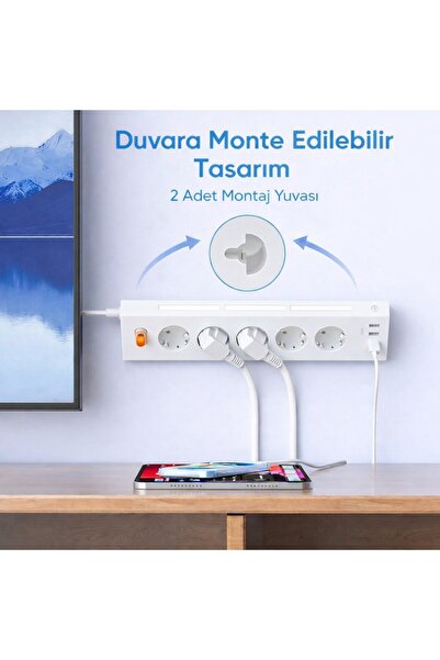 SMAYLİNG 5’li Akım Korumalı Köşe Çoklu Priz 2 USB-A 2 USB-C Gece Işıklı Dokunmatik 2 Metre Kablolu 3680W
