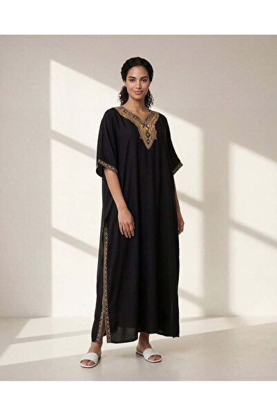 REDTAG جلابية نسائية سوداء على طراز الكافتان مع تطريز