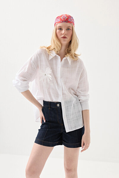 Gusto Floral Appliqué Cotton Shirt - White